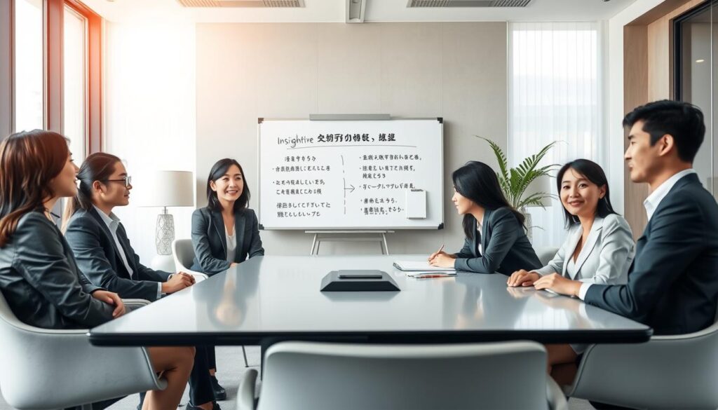 A serene office setting, bathed in warm, natural lighting. In the foreground, a group of stylishly dressed, youthful-looking Japanese professionals seated around a sleek conference table, engaged in a lively discussion. Their expressions are attentive and focused, hinting at the expertise they bring to the table. In the middle ground, a large, minimalist whiteboard displays insightful career guidance and strategies, reflecting the purpose of their meeting. The background features a tasteful blend of modern furnishings and clean, uncluttered design, creating an atmosphere of professionalism and efficiency. The overall scene conveys the idea of a successful career transition, facilitated by the guidance and resources of a capable employment agency.