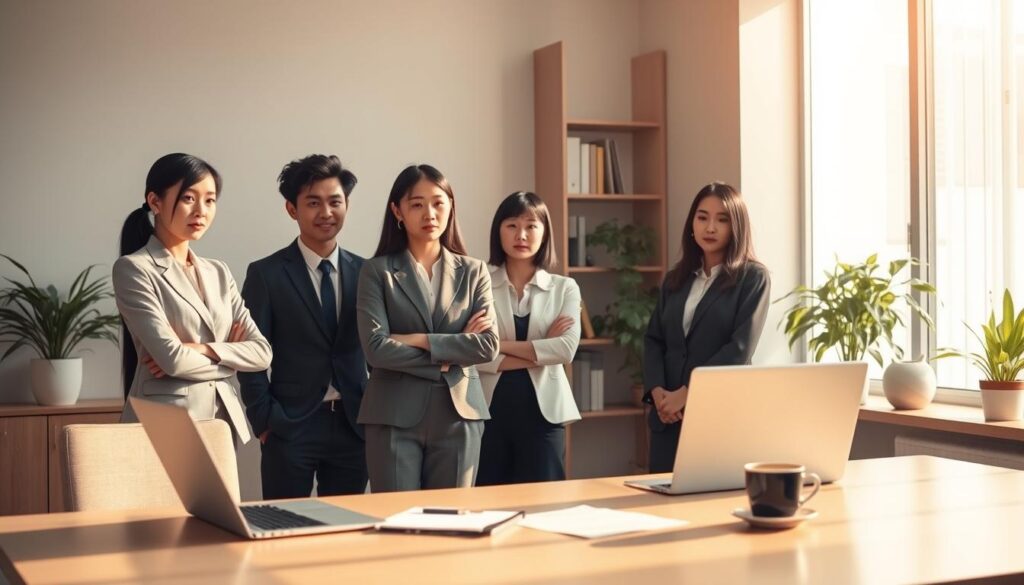 A serene office setting, bathed in warm, natural lighting. In the foreground, a group of young, neatly dressed Japanese professionals stand together, their expressions thoughtful as they consider the intricacies of public service employment. The middle ground showcases a sleek, modern desk with a laptop, some papers, and a cup of coffee, hinting at the administrative tasks and decision-making processes involved. In the background, a bookshelf and potted plants create a sense of professionalism and order, while the muted color palette and soft shadows lend an air of contemplation to the scene. The overall atmosphere conveys the gravity and deliberation surrounding the age restrictions and requirements for transitioning into a public sector career.
