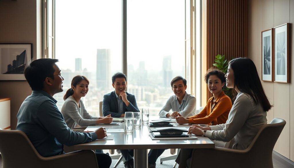 A serene office setting, bathed in warm, natural lighting. In the foreground, a group of young, Japanese-looking professionals sit around a conference table, engaged in an animated discussion. Their expressions convey a sense of accomplishment and fulfillment, reflecting the "real-life experiences" of those who have successfully transitioned careers. The middle ground showcases the modern, minimalist decor, with sleek furniture and subtle artwork on the walls. In the background, large windows offer a view of a bustling city skyline, hinting at the broader context of their journeys. The overall mood is one of inspiration and optimism, capturing the essence of the "Career Change Success Stories" section.