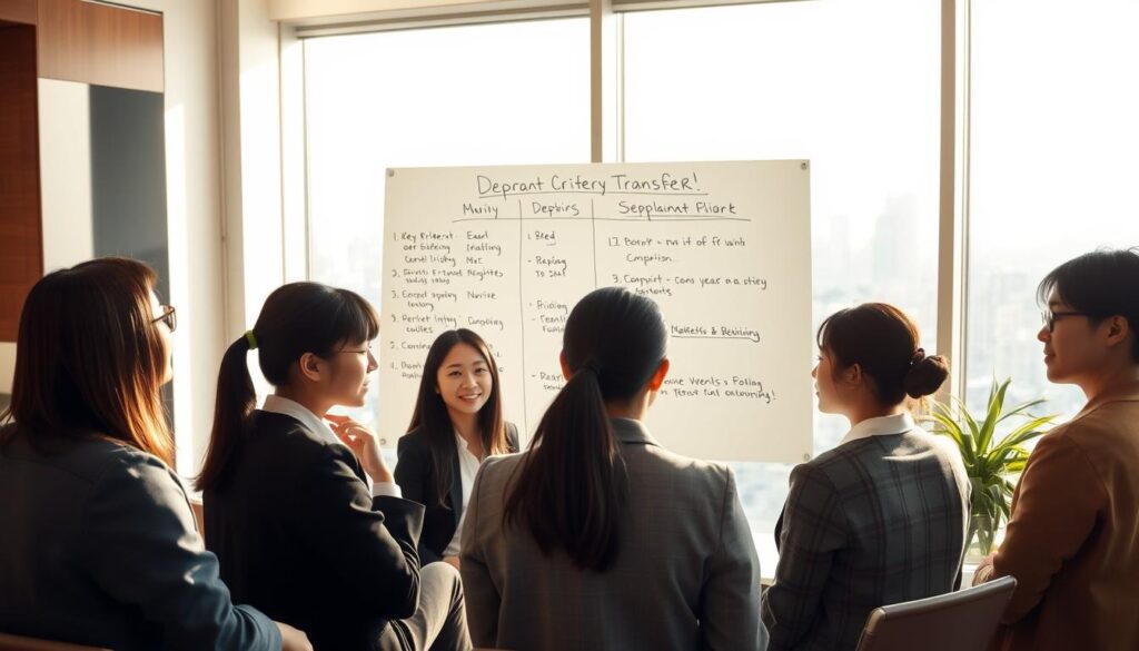 A serene office setting, bathed in warm, natural lighting. In the foreground, a group of young, Japanese-looking professionals deeply engaged in a thoughtful discussion, their expressions reflecting careful consideration. The middle ground showcases a large, minimalist whiteboard, upon which key criteria for department transfer are meticulously outlined. In the background, a panoramic view of the city skyline, hinting at the broader context and implications of their decision-making process. The overall atmosphere conveys a sense of careful deliberation, as the team navigates this important career crossroads.