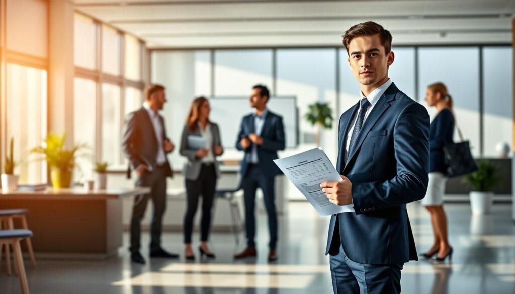 A serene office setting, bathed in warm, natural lighting. In the foreground, a young professional in a crisp, navy suit stands with a determined expression, their résumé in hand. Behind them, a group of peers, also smartly dressed, engage in animated discussions, capturing the energy and camaraderie of a second-career job search. In the background, a sleek, modern workspace with clean lines and minimalist decor, conveying a sense of focus and opportunity. The scene exudes a subtle blend of confidence, collaboration, and the promise of a new chapter, reflecting the title's emphasis on "開く!成功する転職術."