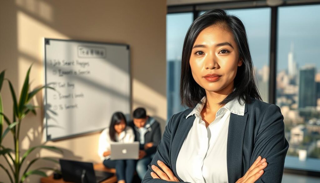 A serene office setting, bathed in warm, natural lighting. In the foreground, a young Japanese professional stands confidently, their black hair and focused expression conveying determination. Behind them, a wall-mounted whiteboard displays key points on job search strategies, with stylized icons and minimal text. In the middle ground, a group of peers huddle around a laptop, engaged in animated discussion. The background features a large window overlooking a bustling city skyline, symbolizing the boundless opportunities that await. The overall atmosphere is one of collaboration, guidance, and a sense of empowerment, capturing the essence of a successful career transition.