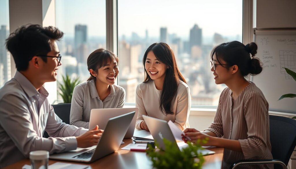 A serene office setting, bathed in warm, natural lighting. In the foreground, three young, Japanese-looking professionals converse animatedly, their faces radiating a sense of renewed purpose and optimism. The middle ground showcases the tools of their trade - laptops, notes, and a whiteboard filled with ideas. In the background, a cityscape vista frames the scene, hinting at the broader opportunities that have drawn them back to this path. The overall atmosphere conveys the benefits of a "boomerang" career - the valuable experience gained, the insights returned, and the chance to reinvent oneself with a fresh perspective.