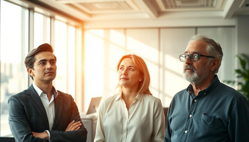 A serene office setting, bathed in warm, natural lighting. Three individuals - a young professional, a mid-career executive, and a seasoned veteran - stand in contemplation, considering their respective career paths and the unique challenges of transitioning to a new industry. Their expressions convey a sense of determination and curiosity, as they ponder the strategies and insights that will guide their successful cross-industry journeys. The scene evokes a thoughtful, introspective atmosphere, inviting the viewer to engage with the complexities of navigating a career shift at different stages of life.