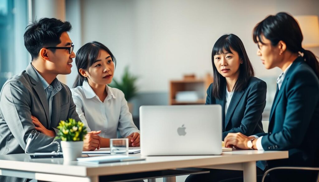 A serene office setting, bathed in warm, natural lighting. Three young, professional-looking Japanese individuals - a man and two women - engage in a thoughtful discussion. Their expressions convey a sense of tension, yet they maintain composure, suggesting a delicate navigation of interpersonal dynamics. The middle-ground features a minimalist desk with a laptop, various office supplies, and a potted plant, hinting at the workspace environment. In the background, subtle blurred elements, such as shelves or filing cabinets, create a sense of depth and the corporate context. The overall mood is one of measured consideration, as the subjects work to address the challenges of interpersonal relationships within a professional setting.