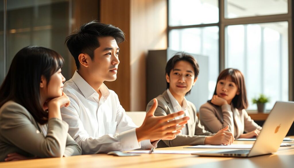 A serene office setting, bathed in warm, natural lighting. Three young, professional-looking Japanese individuals sit at a table, engaged in a thoughtful discussion. Their expressions convey a mix of focus and contemplation. The middle figure, in a crisp white shirt, gestures animatedly, while the other two, in neutral-toned business attire, listen intently. The background is slightly blurred, emphasizing the subjects and their dialogue. A minimalist, yet sophisticated atmosphere pervades the scene, evoking the weight of an important decision.