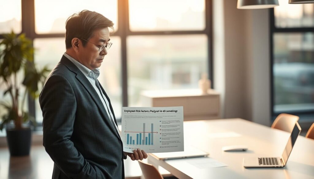 A serene office setting, illuminated by warm, diffused lighting from large windows. In the foreground, a middle-aged Japanese-looking professional stands contemplatively, their brow furrowed as they review a set of data charts depicting employment risk factors for 40-somethings. The mid-ground features a clean, minimalist desk with a laptop and scattered papers, conveying a sense of analytical focus. The background blurs softly, suggesting the wider context of a modern, well-appointed workspace. The overall mood is one of thoughtful concern, as the subject grapples with the complexities of career transition in their prime.