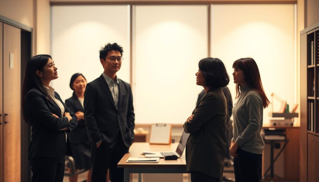 A serene office setting, illuminated by warm, diffused lighting. In the foreground, a group of young, professional-looking Japanese individuals stand in contemplation, their expressions thoughtful as they consider their next career move. The middle ground showcases a neatly organized desk, with a laptop, a calendar, and a few personal items, hinting at the decision-making process. The background is softly blurred, conveying a sense of focus and introspection. The overall atmosphere is one of quiet deliberation, as the figures ponder the timing and implications of transitioning from their current public service roles.