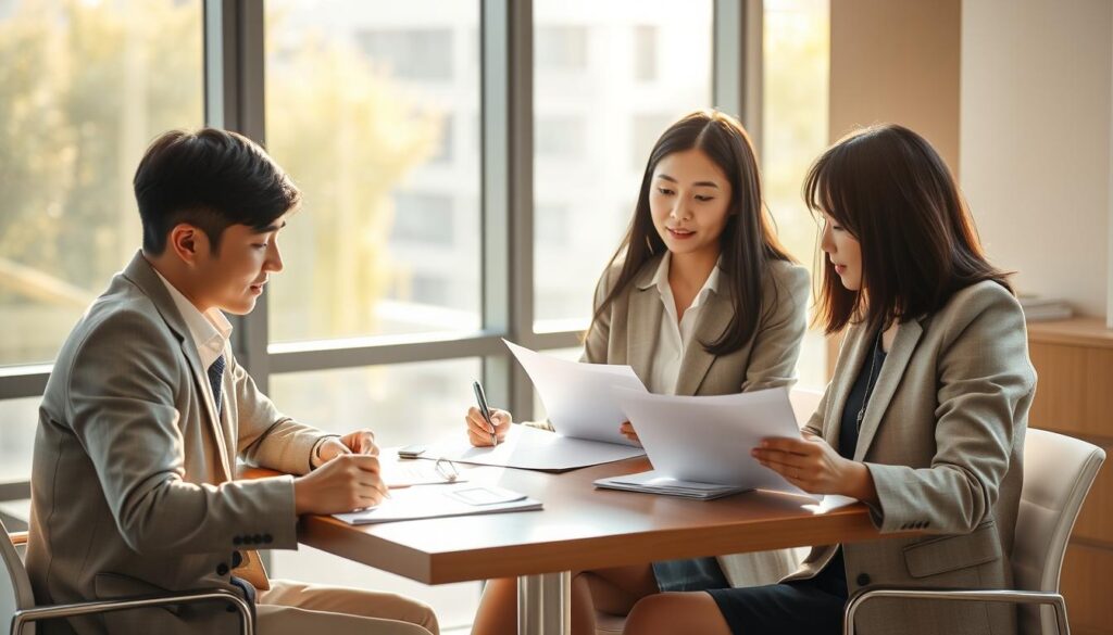 A serene office setting, illuminated by warm natural light filtering through large windows. Three young, neatly dressed Japanese professionals sit around a table, engaged in a thoughtful discussion. Their expressions convey a sense of focus and determination as they review resumes and notes, preparing for an important job interview. The scene exudes a professional, yet approachable atmosphere, showcasing the key skills and experiences these candidates aim to highlight during the upcoming interview process.