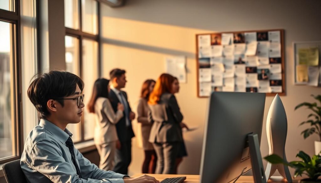 A serene office setting, illuminated by warm natural light from large windows. In the foreground, a young Japanese professional in formal attire sits at a desk, intently examining a computer screen. The middle ground features a diverse group of colleagues engaged in conversation, their expressions focused and determined. In the background, a bulletin board displays a collage of job postings, some highlighted, hinting at the hidden opportunities awaiting the discerning job seeker. The scene conveys a sense of diligence, collaboration, and the potential for career advancement through accessing exclusive job listings.