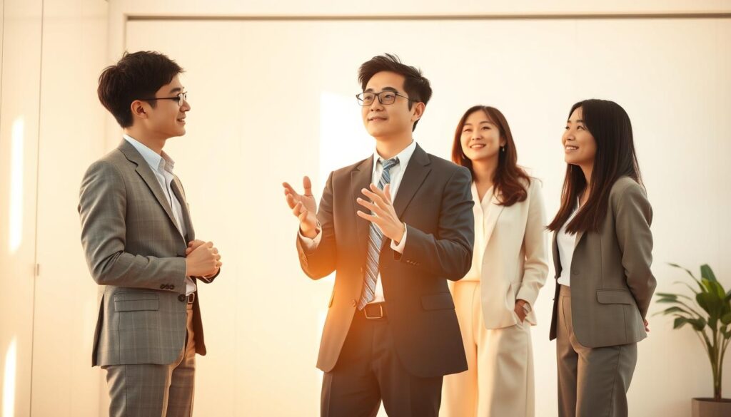 A serene office setting, illuminated by warm, natural lighting. Three young, Japanese-looking professionals stand out against the clean, minimalist backdrop. They exude an air of confidence and focus, their body language and attire suggesting a diverse range of expertise and experience. The middle figure, in a sharp suit, gestures animatedly, while the flanking individuals listen intently, their expressions reflecting keen interest and open-mindedness. The scene conveys a sense of collaboration, adaptability, and the successful navigation of professional boundaries, embodying the common traits of those who have thrived in career transitions across industries.