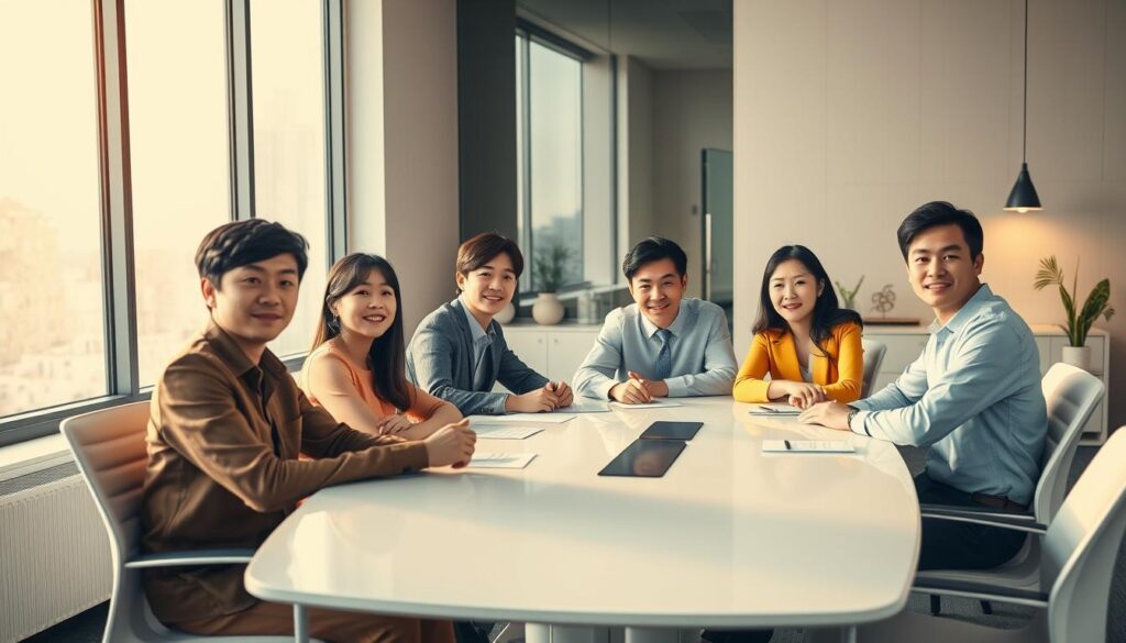 A serene office setting showcases a group of young Japanese professionals, their faces exuding determination and optimism. Seated around a sleek, minimalist conference table, they engage in lively discussions, their body language conveying a sense of collaboration and camaraderie. Warm, diffused lighting from large windows casts a soft, natural glow, creating an atmosphere of productivity and progress. In the background, subtle office decor and technology elements hint at the modern, forward-thinking nature of their work. This scene captures the essence of the "second-new-graduate" experience, where a fresh start and renewed energy fuel the pursuit of new opportunities and career growth.