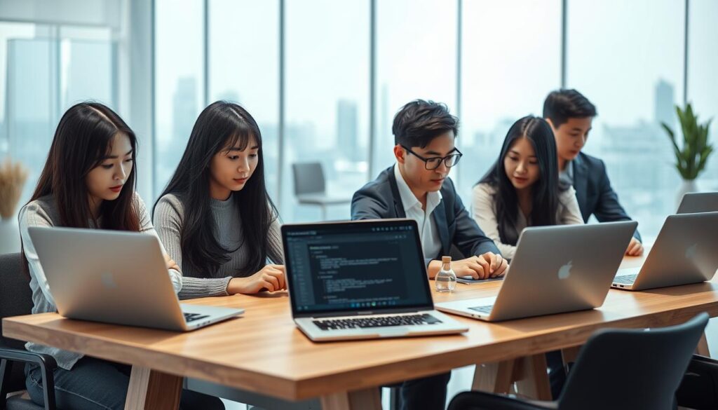 A serene office setting showcasing diverse professionals carefully evaluating various job search platforms. In the foreground, a group of young, black-haired Japanese-looking individuals seated around a modern, minimalist wooden table, their expressions thoughtful as they navigate the features and reviews of different employment websites on their laptops. The middle ground features a stylish, well-lit work environment with clean lines and natural elements, conveying a sense of focus and productivity. The background subtly suggests a larger corporate landscape, hinting at the importance of making an informed choice when selecting a job search platform. Soft, directional lighting and a neutral color palette contribute to an atmosphere of quiet contemplation and informed decision-making.