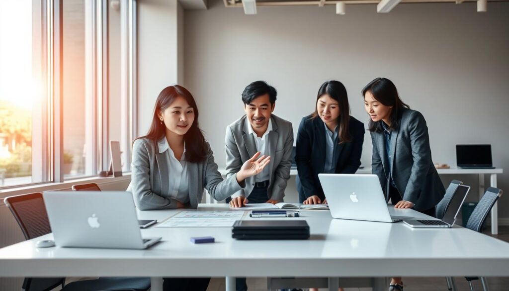 A serene office setting with a team of young Japanese professionals collaborating around a sleek, minimalist table. Soft, natural lighting filters through large windows, casting a warm glow on their focused expressions. In the foreground, a woman gestures animatedly, outlining a plan on a digital display. Her colleagues lean in, attentively absorbing the information. The middle ground showcases orderly workstations, each with a laptop and efficient organizational tools. The background features a stylish, muted color palette, conveying a sense of professionalism and productivity. This scene embodies the resourceful transition from freelance to full-time employment, highlighting the power of teamwork and a well-curated workspace.