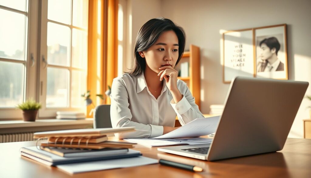 A serene office setting with a young Japanese professional sitting at a desk, deep in thought. Warm, natural lighting filters through large windows, casting a contemplative mood. In the foreground, a planner, calendar, and pen symbolize the importance of time management. The middle ground features a laptop and documents, representing the active job search process. In the background, a bookshelf and inspirational artwork convey a sense of focus and determination. The model's expression is one of focused concentration, reflecting the challenges and strategic planning involved in a successful job transition.