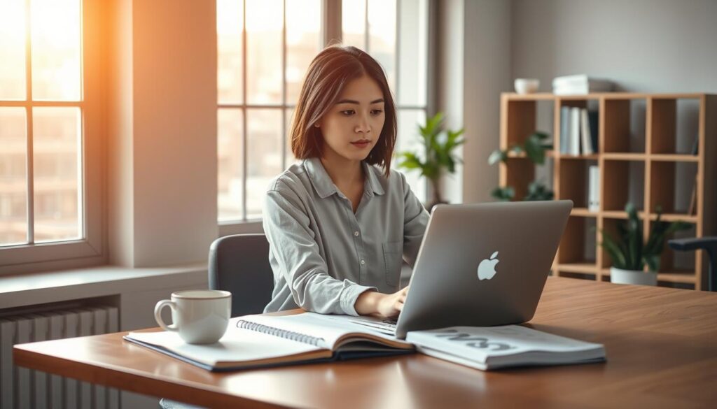 A serene office setting with a young Japanese professional sitting at a desk, intently focused on their laptop. Warm natural lighting filters through large windows, casting a soft glow. On the desk, a cup of coffee, a planner, and a few neatly organized documents convey a sense of productivity and self-management. The model's expression is contemplative, suggesting the deliberation of their career transition. In the background, a minimalist bookshelf and a potted plant add to the tranquil atmosphere, supporting the theme of self-care during this pivotal moment.