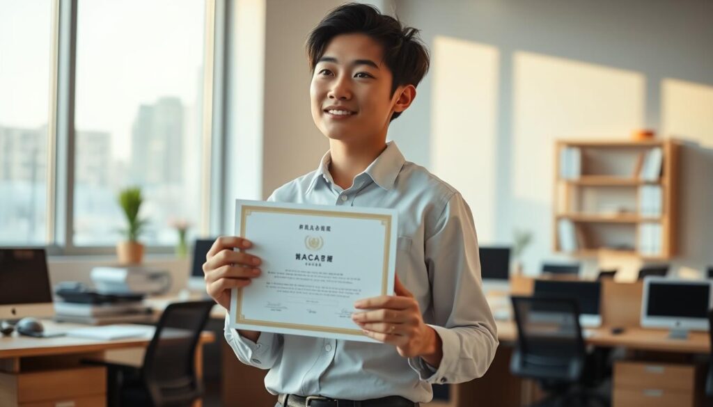 A serene office setting with a young Japanese professional standing confidently, holding a certificate in their hands. Soft natural lighting filters through large windows, casting a warm glow on their face as they contemplate the opportunities their newly acquired qualification has unlocked. The background features a tasteful, minimalist workspace with orderly desks and shelves, conveying a sense of accomplishment and career progression. The model's expression radiates a mix of pride, focus, and determination, capturing the tangible benefits of educational attainment. This image visually encapsulates the transformative journey from freeloader to full-time employee through the power of professional credentials.