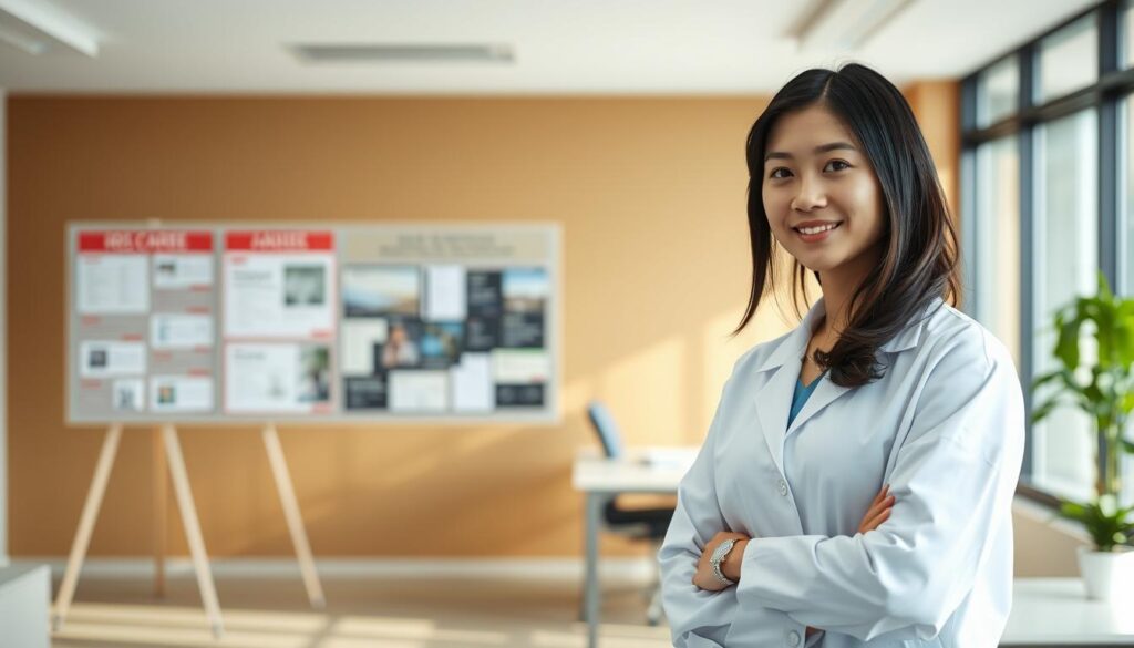 A serene office setting, with a young, professional-looking Japanese nurse standing confidently in the foreground. She's dressed in a crisp, white lab coat, her dark hair neatly styled. In the middle ground, a bulletin board displays job postings and resources, hinting at the various career paths available. The background showcases a modern, well-lit workspace, radiating a sense of opportunity and growth. Soft, natural lighting from large windows creates a warm, inviting atmosphere, encouraging the viewer to consider their own nursing career transition.