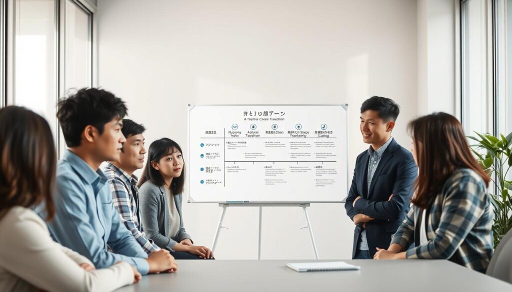 A serene office setting with natural lighting streaming through large windows. In the foreground, a group of young, focused Japanese professionals deeply engaged in a thoughtful discussion, their expressions conveying a sense of determination and optimism. In the middle ground, a whiteboard showcases a neatly organized timeline and roadmap, highlighting the key steps for a successful career transition. The background features a minimalist, clean design with muted tones, creating a calming and focused atmosphere conducive to strategic planning and decision-making. The overall scene exudes a sense of collaboration, clarity, and the possibility of a rewarding career change.