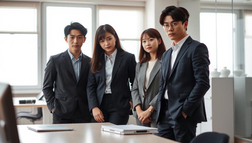 A serene office setting, with three young Japanese-looking professionals standing together, their expressions a mix of uncertainty and apprehension. Soft natural lighting filters through the windows, casting a pensive mood. The foreground features the trio, their body language conveying the potential drawbacks of a "comeback" career change - hesitation, doubt, and the weight of previous decisions. The middle ground showcases a minimalist desk setup, hinting at the practical challenges of reintegrating into a new workplace. The background maintains a subtle, blurred office ambiance, allowing the focal point to remain on the central figures and their contemplative expressions.