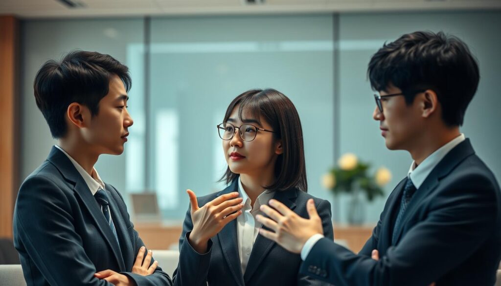 A serene office setting with three young Japanese professionals in business attire, conveying a focused and detail-oriented evaluation process. Soft, diffused lighting illuminates their faces, creating a contemplative atmosphere. The middle figure gestures thoughtfully, while the others nod in agreement, their expressions reflecting deep consideration of key performance indicators. The background blurs softly, emphasizing the individuals' engagement with the task at hand. Elegant, minimalist decor and muted tones evoke a sense of professionalism and diligence.