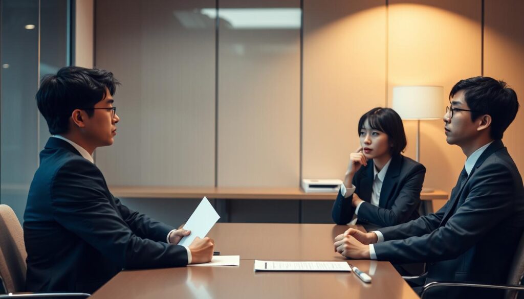 A serene office setting with young Japanese professionals dressed in formal attire, sitting across a table, engaged in a focused interview. Soft, warm lighting casts a thoughtful ambiance, as they discuss strategies for navigating the unique challenges of the foreign-owned corporate environment. The scene captures the anticipation and determination of those seeking to excel in this competitive landscape, their expressions conveying a mix of confidence and careful consideration.