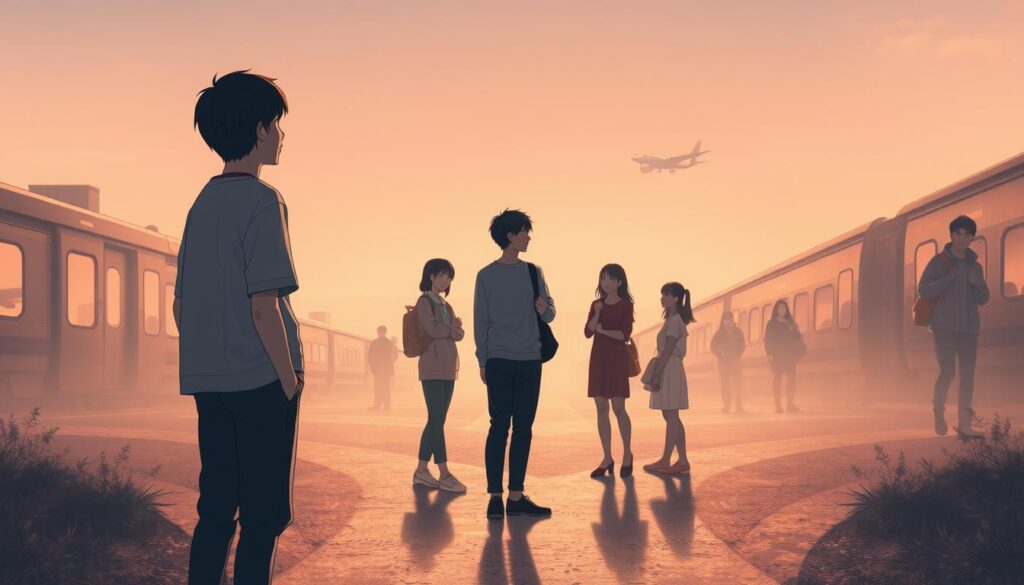 A serene scene of young Japanese individuals embarking on their Uturns and Iturns, their journey depicted through a series of interconnected vignettes. In the foreground, a person stands at a crossroads, contemplating their next step, the soft, warm lighting casting a pensive glow. In the middle ground, a group of friends discuss future plans, their expressions a mix of excitement and trepidation. In the background, silhouettes of people board trains and planes, setting off to their new hometowns, the scene bathed in a soft, nostalgic atmosphere. The overall mood conveys the bittersweet emotions and careful considerations that come with such life-changing decisions.