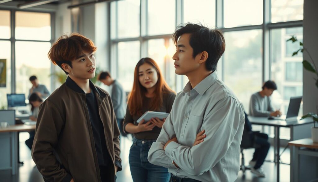 A serene scene of young, Japanese-looking creators gathered in a tranquil setting, captured with a cinematic lens. The foreground features three figures dressed in casual, stylish attire, deeply engaged in conversation, their body language conveying a sense of thoughtful collaboration. In the middle ground, additional creators can be seen working on various creative projects, immersed in their tasks. The background showcases a modern, minimalist office space with large windows, allowing natural light to bathe the scene in a warm, inviting glow. The overall atmosphere exudes a sense of creativity, professionalism, and a progressive shift in the career trajectories of these talented individuals.