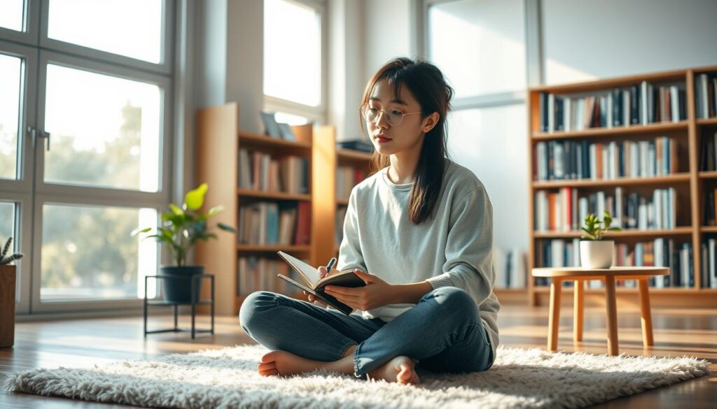 A serene study room with natural light filtering through large windows, casting a warm glow on a young Japanese person deeply engaged in self-reflection. They sit cross-legged on a plush rug, a notebook and pen in hand, their focused expression conveying a sense of introspection. Bookshelves line the walls, hinting at a thirst for knowledge, while a potted plant on a side table adds a touch of greenery, symbolizing personal growth. The overall atmosphere is one of quiet contemplation, inviting the viewer to pause and consider their own path forward.