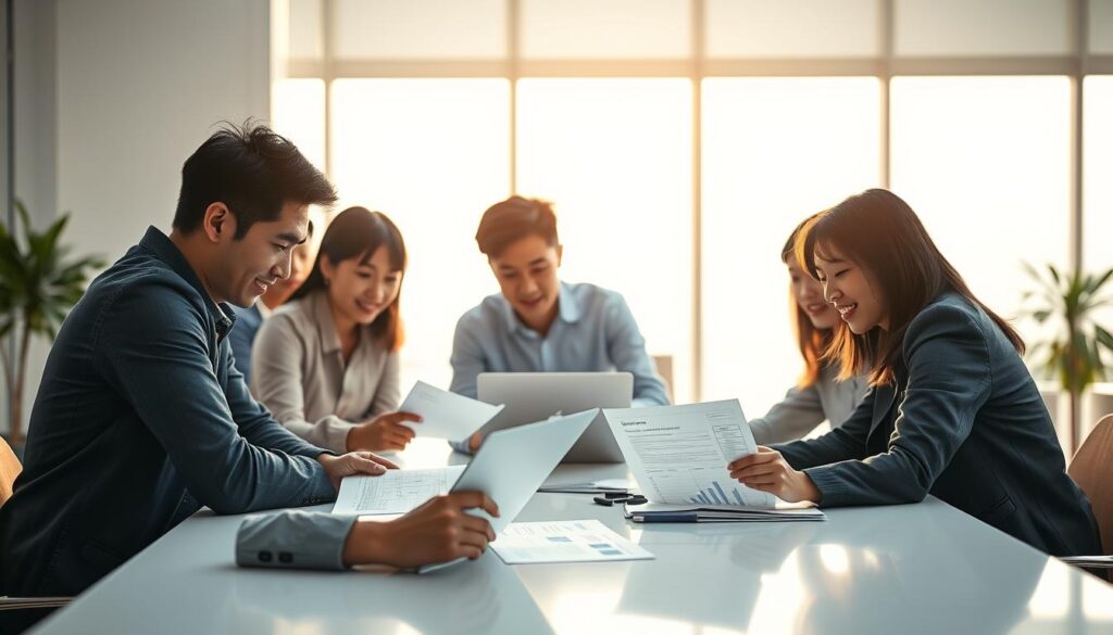 A serene, sun-dappled scene of young Japanese investors gathered around a sleek, minimalist table, deeply engaged in an animated discussion. The foreground features three individuals leaning in, their faces alight with enthusiasm as they pore over financial documents and charts. In the middle ground, two others nod thoughtfully, fingers tracing the data on their laptop screens. The background is softly blurred, suggesting a stylish, modern office space with clean lines and warm, natural lighting. An atmosphere of focus, collaboration, and the thrill of potential success permeates the image, capturing the essence of "Investment Success Points" for a venture capital startup.
