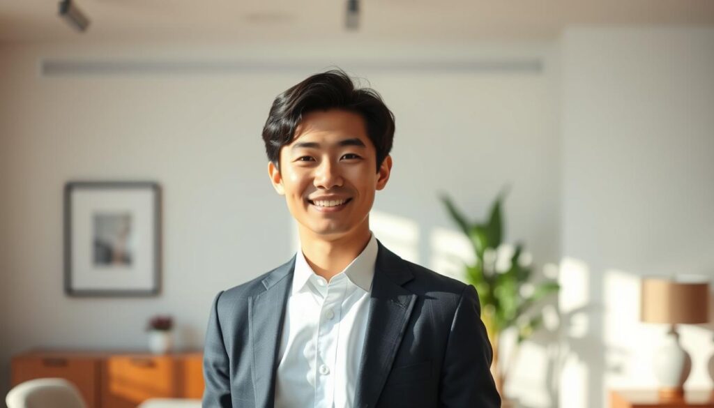 A serene, well-lit office setting, with a young, professional-looking Japanese individual standing in the foreground, dressed in a crisp, tailored suit. The lighting is soft and directional, casting subtle shadows that accentuate the subject's features. The background is blurred, but hints at a tasteful, minimalist decor, creating a sense of focus on the individual and their confident, self-assured presence. The subject's expression is engaging, with a slight smile that conveys a sense of poise and self-assurance, as if they are delivering an effective self-introduction. The overall mood is one of competence, professionalism, and a strong personal brand.