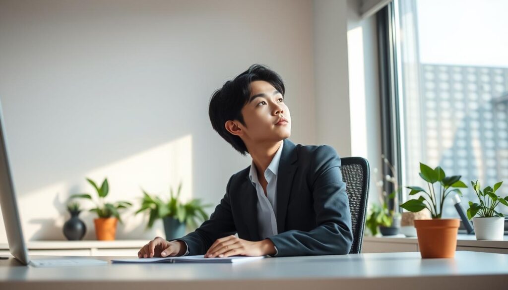 A serene, well-lit office space, with a young Japanese-looking professional seated at a desk, deep in contemplation. Soft, warm lighting creates a calming atmosphere, as they gaze thoughtfully out a large window, surrounded by potted plants and minimalist decor. The pose conveys a sense of mindfulness and self-care, the individual taking a moment to recharge and tend to their mental well-being amidst the challenges of a career transition. The scene exudes a peaceful, introspective mood, capturing the essence of "mental care" during a period of professional change.