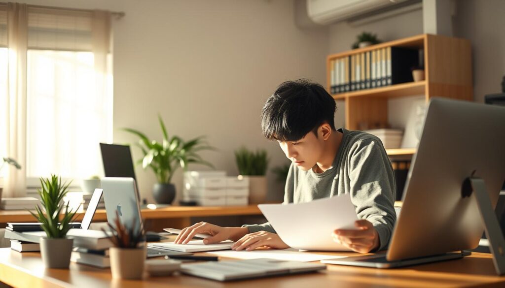 A serene workspace with a young, focused Japanese-looking professional skillfully navigating through their tasks. Soft, natural lighting gently illuminates the scene, highlighting the flexibility and adaptability in their workflow. The figure moves fluidly between digital and physical media, blending seamless transitions as they tackle various projects. A sense of mindfulness and efficiency pervades the atmosphere, showcasing the benefits of an agile, resilient approach to work.