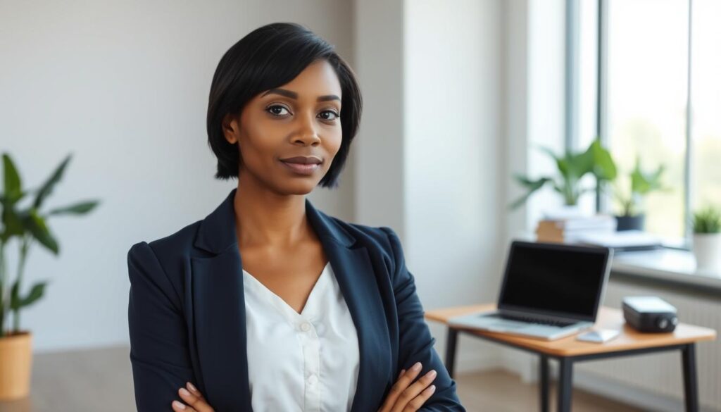 A single mother stands in a well-lit, modern office setting, her expression focused and determined. She wears a crisp, professional outfit - a navy blue blazer, a white blouse, and black slacks. Her short, neatly styled black hair frames her delicate features. In the background, a desk with a laptop and some folders suggests her workspace, while a large window provides a calming, natural light. The scene conveys a sense of a woman preparing herself for a new chapter, ready to take on the challenges of finding work that aligns with her lifestyle as a single parent.