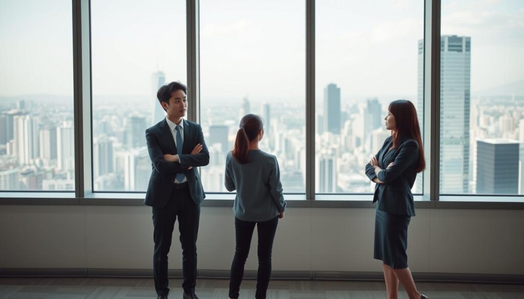 A sleek, minimalist office setting with large windows overlooking a bustling city skyline. Three young, professionally-dressed Japanese individuals stand in thoughtful poses, discussing their career options and strategies for a successful job transition. Soft, natural lighting creates a warm, contemplative atmosphere. The scene conveys a sense of focus, determination, and optimism as they navigate the challenges of changing careers. The image should visually capture the key points of the "転職を成功させるためのポイント" section of the article.