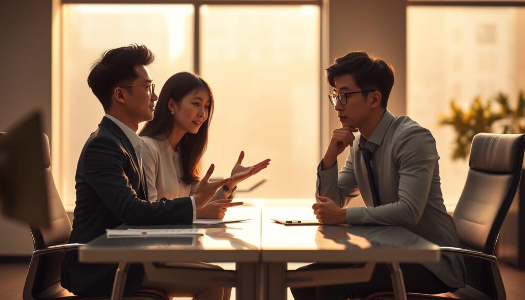 A sleek, minimalist office setting with two young Japanese-looking professionals sitting at desks, deep in discussion. Warm, natural lighting filters through large windows, creating a subtle chiaroscuro effect. The figures are posed thoughtfully, one gesturing animatedly while the other listens intently, creating a sense of comparison and evaluation. The background is softly blurred, keeping the focus on the central interaction. The mood is one of serious, focused deliberation, as the subjects weigh the merits of direct job application versus using a recruitment website.