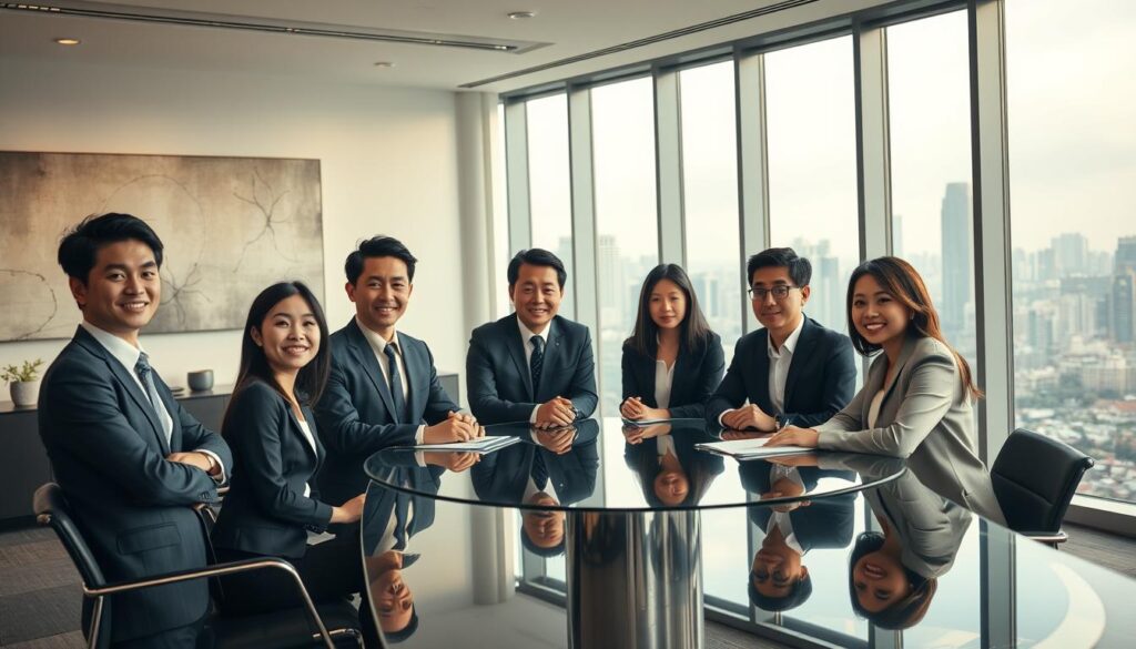 A sleek, modern office interior with large windows overlooking a bustling city skyline. In the foreground, a group of young, professionally dressed Japanese-looking consultants are engaged in a lively discussion around a glass conference table. Their faces convey a mix of focus and confidence. Soft, warm lighting illuminates the scene, creating a sense of productivity and success. The background features abstract wall art and minimalist decor, reflecting the high-end, corporate atmosphere. The overall mood suggests the prestige and financial rewards associated with working as a consultant at a prestigious global firm.