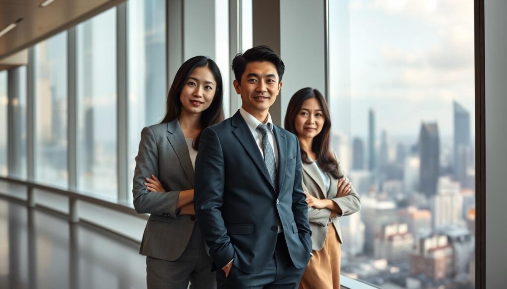 A sleek, modern office interior with large windows overlooking a bustling city skyline. In the foreground, three young Japanese professionals - a man and two women - stand confidently, their expressions focused and determined. They wear sophisticated business attire, embodying the poise and confidence of those who have successfully navigated a career transition. Soft, warm lighting illuminates the scene, creating a sense of optimism and possibility. The composition is balanced and visually striking, capturing the essence of a strategic, forward-looking approach to career growth and reinvention.