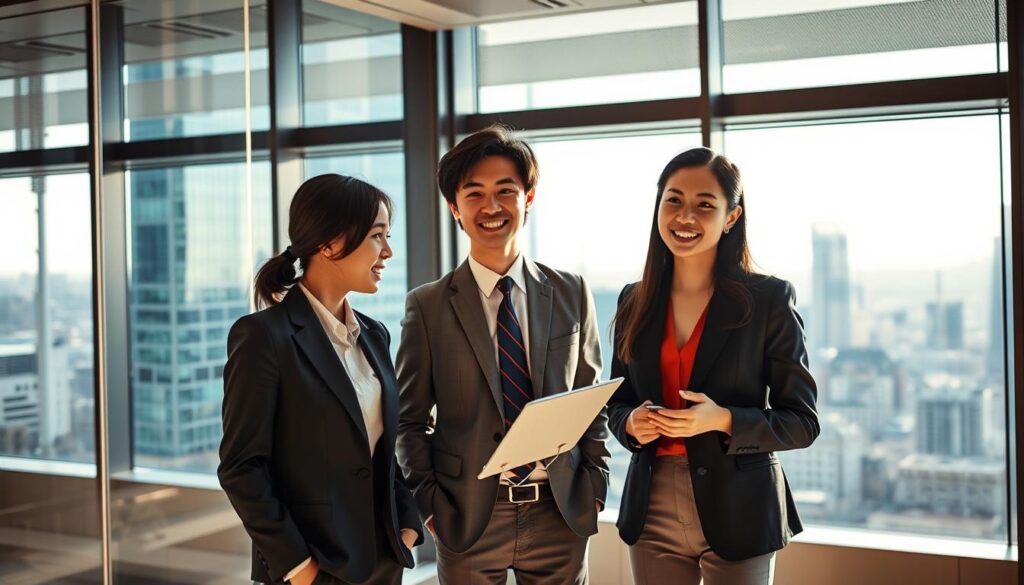 A sleek, modern office interior with large windows overlooking a bustling cityscape. In the foreground, three young, professional-looking Japanese individuals, smartly dressed in business attire, engage in a lively discussion. Their expressions convey a sense of purpose and confidence. The lighting is warm and natural, creating a welcoming atmosphere. The scene captures the dynamism and opportunities available in the security industry, inviting the viewer to consider a career transition.