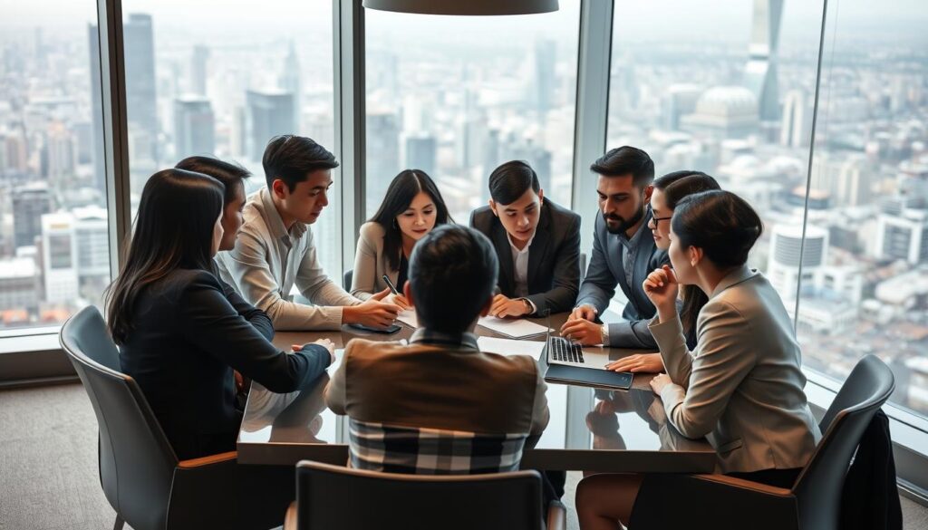 A sleek, modern office overlooking a bustling city skyline. A diverse team of young, forward-thinking consultants gathered around a polished conference table, engaged in animated discussion. Soft, directional lighting illuminates their focused expressions, hinting at the depth of their expertise and the weight of their decisions. The room exudes an air of professionalism and innovation, a sense of shaping the future of the industry. Subtle details like minimalist decor and state-of-the-art technology suggest a sophisticated, globally-connected work environment. The consultants, all with neatly styled black hair and lifelike features, embody the poise and confidence of the next generation of industry leaders, poised to navigate the evolving landscape of the foreign consulting sector.