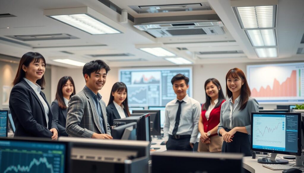 A sleek, modern office setting with a group of young, professional-looking Japanese individuals standing or seated at desks, surrounded by digital screens and financial charts. Soft, diffused lighting from overhead fixtures creates a warm, productive atmosphere. The scene conveys an air of focus and diligence, reflecting the average annual income in the manufacturing and logistics industries. The subjects' attire is smart casual, lending a sense of competence and expertise. The overall composition emphasizes the industrious nature of the workplace, capturing the essence of the given topic.