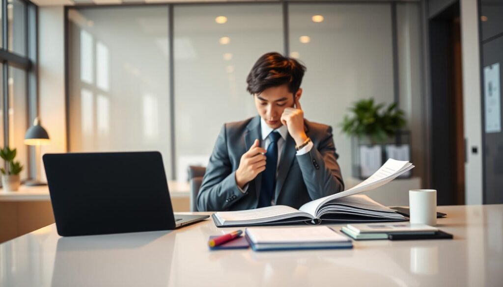 A sleek, modern office setting with a large desk in the foreground. On the desk, a laptop, a planner, and various organizational tools. In the middle ground, a young Japanese-looking professional in business attire, deep in thought, studying their schedule and to-do list. The background is softly blurred, showcasing the efficient, well-designed workspace. The lighting is warm and natural, creating a focused, productive atmosphere. The scene conveys the importance of prioritizing tasks and effective time management for achieving success in a new career.