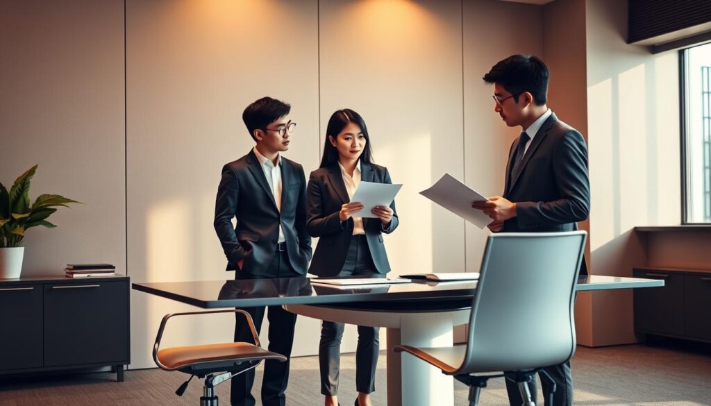 A sleek, modern office setting with a stylish, minimalist desk and chair. Three young, well-dressed Japanese professionals stand around the desk, engaged in a thoughtful discussion. Warm, directional lighting casts a soft glow, highlighting their serious expressions as they review documents and consider their career transition options. The environment conveys a sense of focus, preparation, and the gravity of an important life decision. The scene captures the essential points of preparation for a career change, without distracting visual elements.