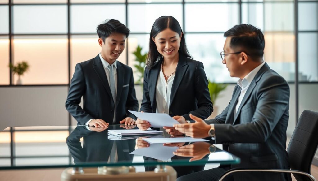 A sleek, modern office setting with a stylish, well-dressed young Japanese professional standing confidently, discussing options with a client seated across a glass-topped desk. Warm, focused lighting highlights the agent's friendly, attentive expression as they review documents together. The background features a minimalist, airy space with floor-to-ceiling windows, conveying a sense of professionalism and expertise. The scene exudes a sense of trust, guidance, and a collaborative approach to navigating the job market successfully.