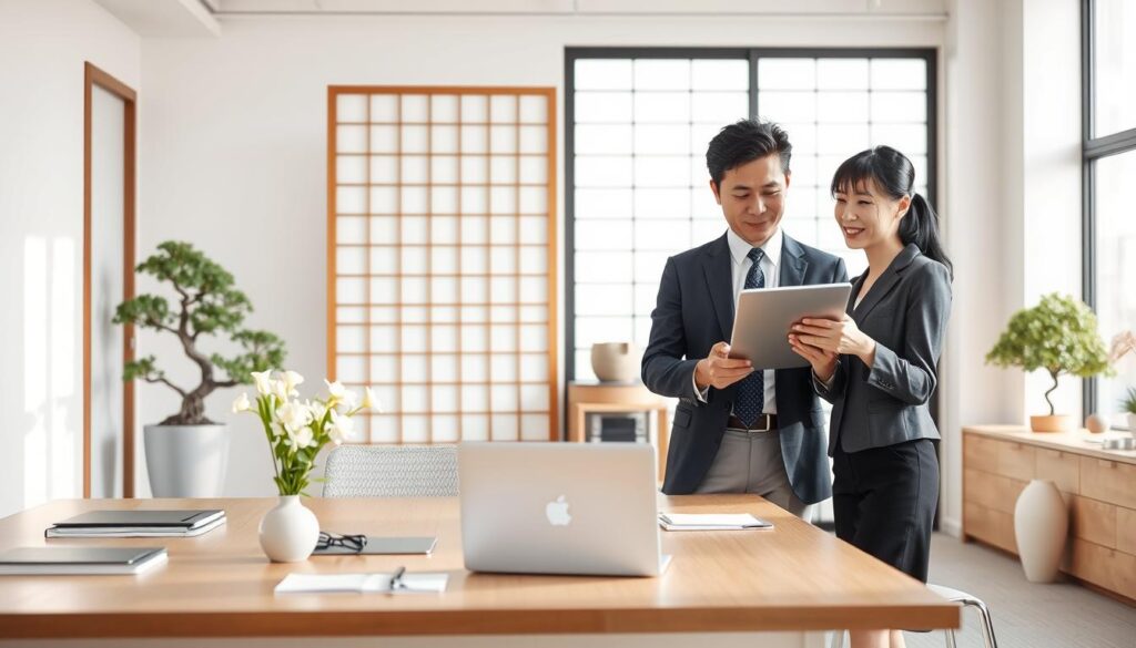 A sleek, modern office setting with a stylized Japanese aesthetic. In the foreground, a young, professional-looking Japanese man and woman dressed in business attire are engaged in a lively discussion, gesturing animatedly as they review documents on a tablet. The middle ground features a well-appointed desk with a laptop, stationery, and a minimalist vase of flowers, all bathed in soft, natural lighting filtering in from large windows. The background showcases a clean, uncluttered space with subtle Japanese design elements, such as shoji screens or a bonsai tree, creating a calming, productivity-focused atmosphere. The overall mood is one of efficiency, collaboration, and a distinctly Japanese approach to career navigation.