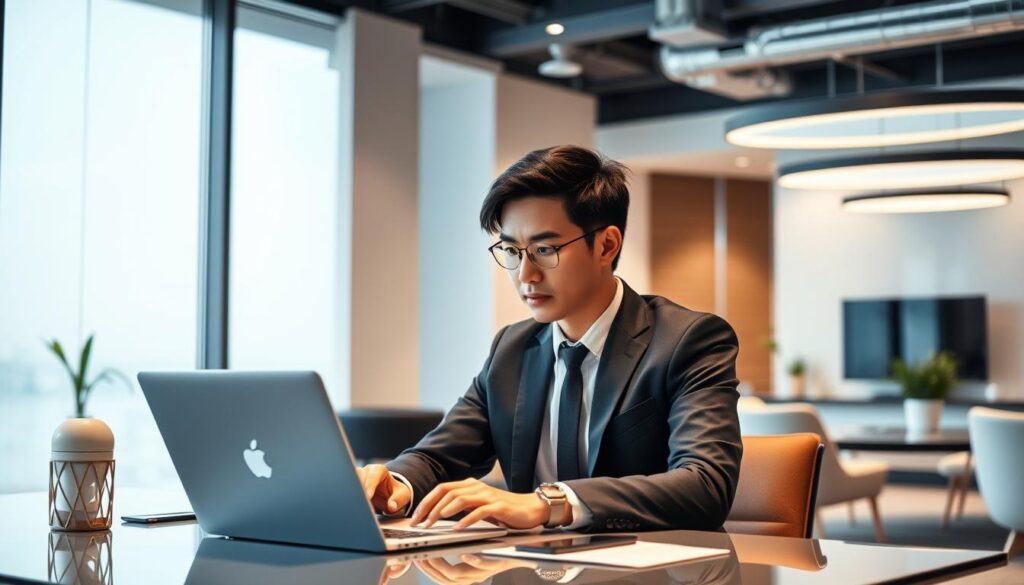 A sleek, modern office setting with a well-dressed, professional Japanese-looking young man sitting at a desk, intently focused on his laptop. He is surrounded by stylish, minimalist furniture and decor, conveying an atmosphere of sophistication and efficiency. Soft, directional lighting casts subtle shadows, highlighting the subject's features and the clean lines of the interior. The scene exudes a sense of industrious productivity, reflecting the role of a client engaging with a top-tier management consulting firm.