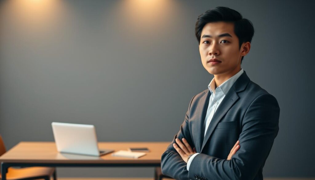 A sleek, modern office setting with a young Japanese-looking professional standing in the foreground, exuding confidence and determination. The lighting is soft and directional, illuminating their focused expression as they present their case for joining the company. In the middle ground, a simple but elegant desk with a minimalist laptop and notebook, symbolizing the thoughtful preparation they have undertaken. The background features a stylish, muted color palette, creating a sense of sophistication and professionalism. The overall mood is one of earnestness and sincerity, conveying the candidate's genuine passion for the role and their suitability for the position.