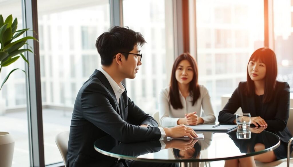A sleek, modern office setting with large windows and minimalist decor. In the foreground, three professionals - a man and two women - sit around a glass table, engaged in a thoughtful discussion. They have a youthful, Japanese-inspired appearance with dark hair and earnest expressions. Soft, natural lighting from the windows creates a warm, inviting atmosphere. The scene conveys a sense of expertise, trust, and guidance as the individuals navigate the process of finding the right career transition agent.