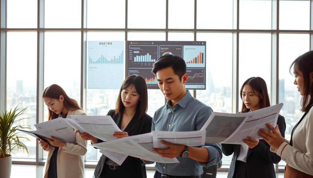 A sleek, modern office setting with large windows flooding the space with natural light. In the foreground, a group of young Japanese professionals poring over financial documents and market research, their faces reflecting deep concentration. In the middle ground, a wall-mounted display showcases key performance metrics and data visualizations, guiding their in-depth analysis. The background features an expansive city skyline, hinting at the broader corporate landscape they navigate. The scene conveys a sense of diligence, strategic planning, and a commitment to thorough enterprise investigation, essential for making informed career decisions.