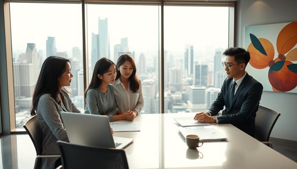 A sleek, modern office setting with large windows overlooking a bustling city skyline. In the foreground, three young Japanese-looking professionals, two women and one man, are engaged in a focused discussion, their body language suggesting an in-depth career planning session. Soft, directional lighting illuminates their faces, highlighting their determination and sense of purpose. In the middle ground, a large, minimalist desk with a laptop, papers, and a cup of coffee, creating a sense of a collaborative workspace. The background features abstract, geometric art pieces on the walls, conveying a sense of creativity and innovation. The overall mood is one of thoughtful contemplation and a clear vision for the future.